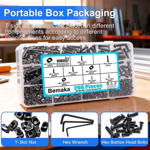 Labeled box with 260 pcs M3 M4 M5 T Slot Nut Screws Kit, heavy duty T nuts, bolts, hex wrenches, for 2020 aluminum profiles.