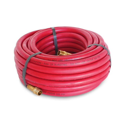 Coiled Fifty Foot Rubber Air Hose With Three Eighths Inch Inner Diameter And Brass Fittings For Pneumatic Tools 300 PSI