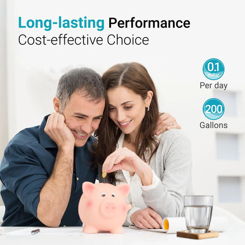 A couple saving money with a piggy bank, showcasing cost-effectiveness of PF-01A Replacement Water Filter For Waterdrop Pitchers And Dispensers.