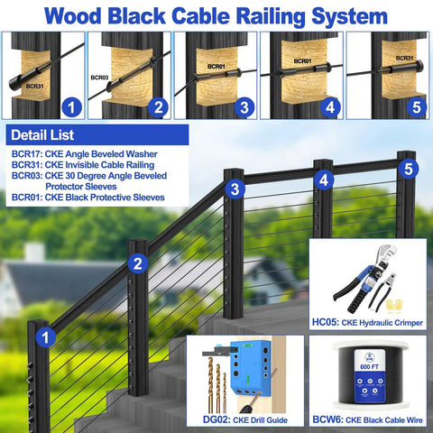 Wood black cable railing system showcasing cable fittings and tools with 120 Pack T316 Black Stainless Steel Rugged Protector Sleeves