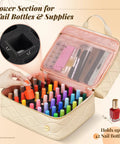 Open beige nail organizer showing two layers for 42 plus 15ml bottles, compartments for supplies, suitable for home and pro use.