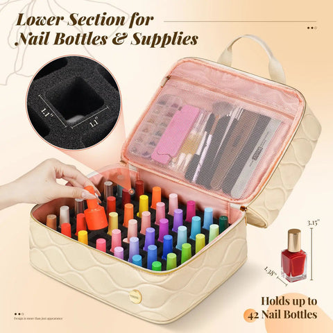 Open beige nail organizer showing two layers for 42 plus 15ml bottles, compartments for supplies, suitable for home and pro use.