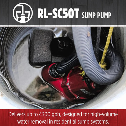 Beefy One Half HP 115V Cast Iron Sump Pump With Tethered Float Switch 4300 GPH Automatic Submersible in action inside a sump pit.