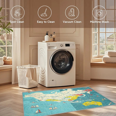 5x7 World Map Rug For Living Room And Bedroom With Ocean Sailboat Design, Washable Low Pile Non Slip Carpet in laundry room