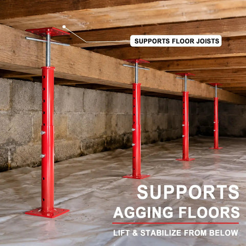 Heavy Duty Steel Crawl Space Jacks 4 Pack Adjustable Leveling Posts 19 To 36 Inches with load-bearing support for sagging joists.