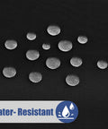 Close-up of water droplets on black fabric, highlighting waterproof feature of Elastic Fitted 6 Foot Rectangle Tablecloth 2 Pack No Slip Wraparound Edges For Outdoor Parties And Picnics Stretch Washable Polyester Spandex Cover In Black 30x72 Inches.