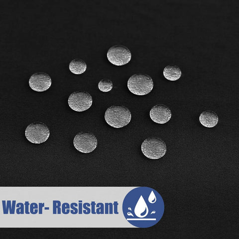 Close-up of water droplets on black fabric, highlighting waterproof feature of Elastic Fitted 6 Foot Rectangle Tablecloth 2 Pack No Slip Wraparound Edges For Outdoor Parties And Picnics Stretch Washable Polyester Spandex Cover In Black 30x72 Inches.