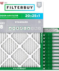 12-pack of 20x25x1 Air Filter MERV 8 for HVAC Systems with electrostatic pleated design, stacked and displayed in packaging