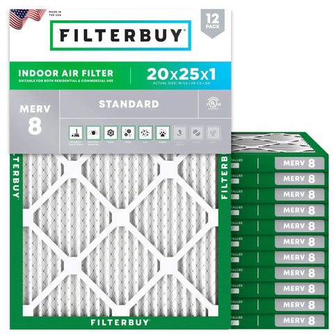 12-pack of 20x25x1 Air Filter MERV 8 for HVAC Systems with electrostatic pleated design, stacked and displayed in packaging