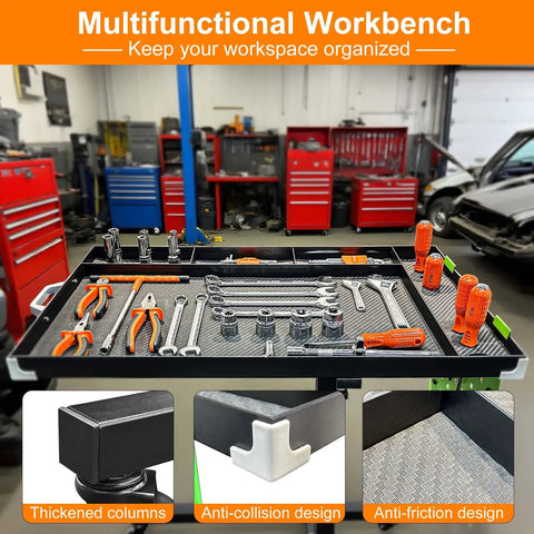 Mobile Adjustable Height Work Table On Wheels With Rolling Tray For Mechanics, Garages, Workshops, Repair Shops, and Warehouses