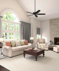 Living room with 52 Inch Indoor Ceiling Fan No Light With Pull Chain Slick Matte Black Finish, Standard Mount, 5 Blades.