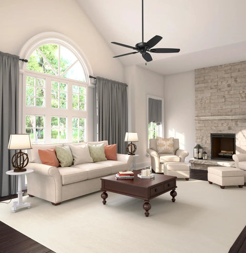Living room with 52 Inch Indoor Ceiling Fan No Light With Pull Chain Slick Matte Black Finish, Standard Mount, 5 Blades.