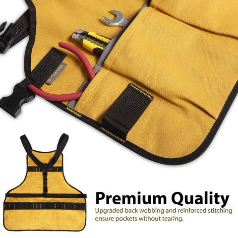 Durable Canvas Work Apron With 21 Tool Pockets, Handy Magnetic Holder, torso-length design with tools in pockets.