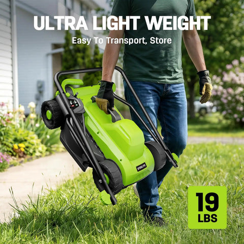 Man carrying 13 Inch Electric Lawn Mower With 1300W Corded Power Lightweight And Compact Gate Friendly walking on grass.