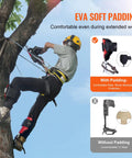 Person climbing tree using Aluminum Tree Climbing Spikes 1 Pair With Straps And Spike Protectors 350 Pound Load Capacity Arborist Gear.