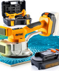 Cordless Tile Vibration Tool Kit with 9 Speeds and 110 lb Suction Cup for Large Format Tile Installation, shown with battery adapter.