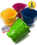 4 Pack 7 Inch Castle Sand Buckets With Easy Pour Spout And Handle In Blue, Pink, Green And Yellow, Plastic Beach Sandcastle Molds For Kids