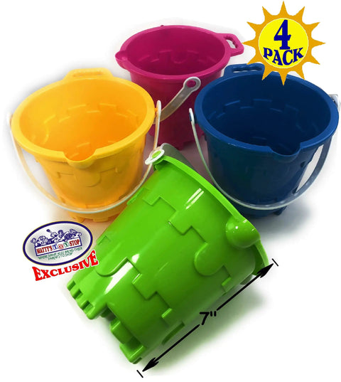 4 Pack 7 Inch Castle Sand Buckets With Easy Pour Spout And Handle In Blue, Pink, Green And Yellow, Plastic Beach Sandcastle Molds For Kids