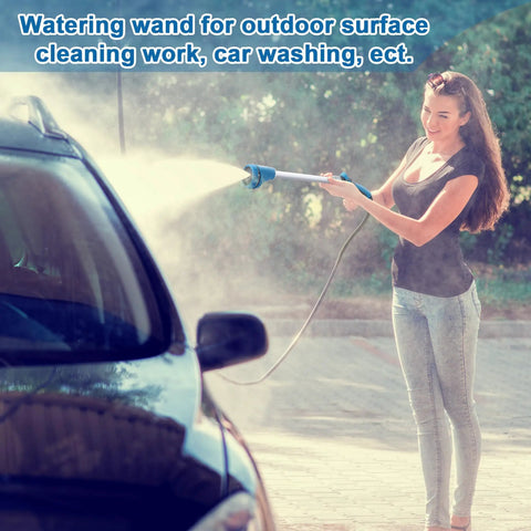 Heavy Duty 18 Inch Metal Watering Wand For Garden Hose With Thumb Control And 8 Spray Patterns Long Reach Sprayer in use