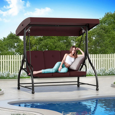 3-Seat Outdoor Patio Swing Glider With Heavy Duty Steel Frame And Adjustable Canopy Removable Cushions All Weather Porch Swing