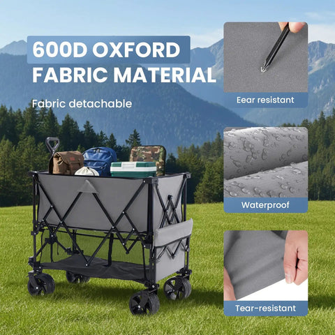 Heavy Duty Double Decker Workhorse Wagon With 54 Inch Extender And 400L Collapsible Design All Terrain 7 Inch Braked Wheels Big Capacity Utility Cart For Shopping Camping And More Foldable Grey with 600D Oxford fabric and bags