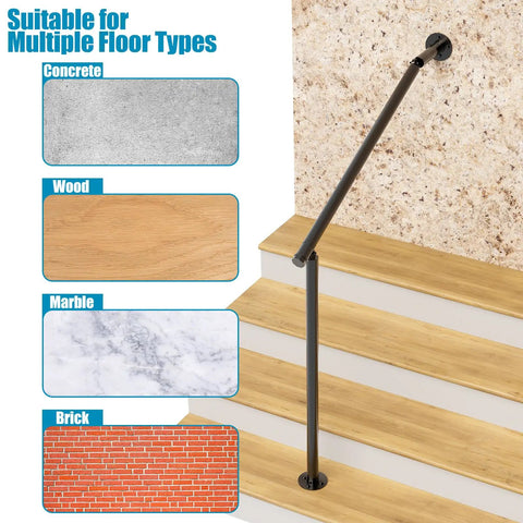 Pro Level Wrought Iron Hand Rails For Outdoor Steps 2 Or 3 Adjustable Indoor Outdoor Stair Railing Kit shown on steps with various floor types.