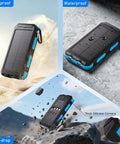 Outdoor Solar Power Bank 20,000mAh Portable Charger With USB C And 3 USB Ports, water-resistant, dustproof, anti-drop design.