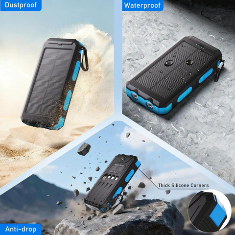 Outdoor Solar Power Bank 20,000mAh Portable Charger With USB C And 3 USB Ports, water-resistant, dustproof, anti-drop design.