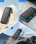 20,000mAh Solar Charger Power Bank with 4 Cables and 3 USB Ports showing dustproof, waterproof, and anti-drop features