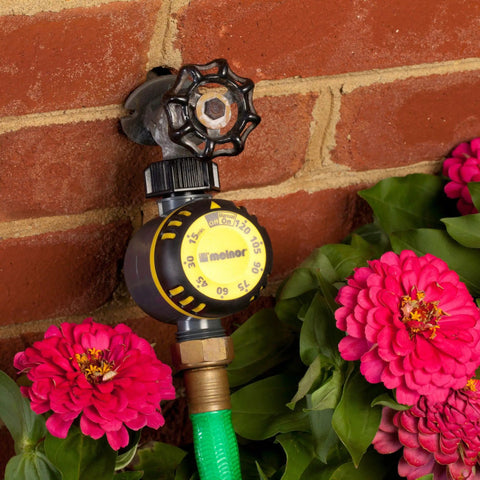 Mechanical Outdoor Timer For Irrigation With Auto Shutoff After Set Run Time, mounted on brick wall with garden flowers