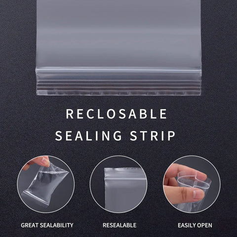 Close-up of Clear Zip Bags 4 By 6 Inch Pack Of 200 Reclosable Plastic Bags 2 Mil Thick with sealing strip details.