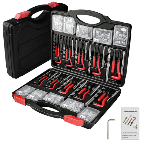 Helicoil Thread Repair Kit With 261 Pieces Includes Installation Tool, Twist Drill, Break Pin, Tap, Thread Inserts And Hex Keys For Metric M5 M6 M8 M10 M12 And SAE 1/4, 5/16, 3/8, 7/16, 1/2 Inch Rethreading Kit For Auto, Motorcycle, And Machinery displayed in black case