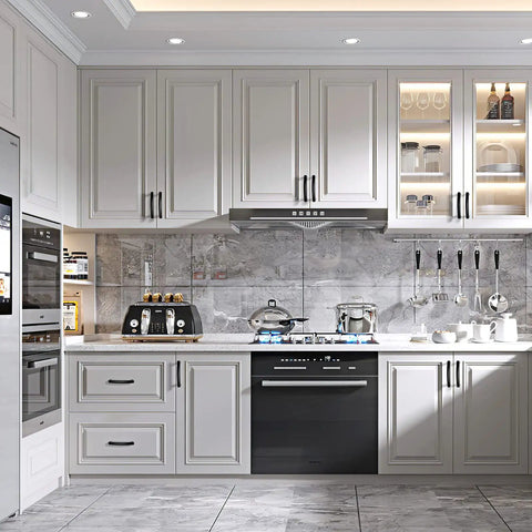 Modern kitchen with Black Cabinet Pulls 20 Pack Matte Finish 5 Inch Drawer Handles For Cabinets And Doors, sleek white cabinets