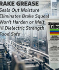 Silicone Brake Grease With PTFE For 8 Oz Tube with benefits list in a factory setting, non-curing, translucent white packaging.