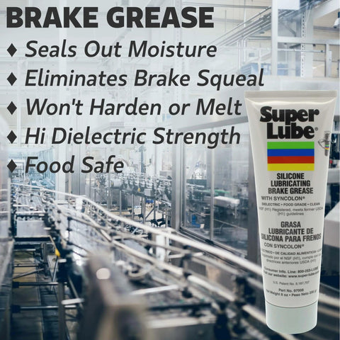 Silicone Brake Grease With PTFE For 8 Oz Tube with benefits list in a factory setting, non-curing, translucent white packaging.