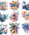 Colorful watercolor dragonfly heat transfer stickers set, featuring vibrant floral designs, 9 pcs for clothes DIY applique.