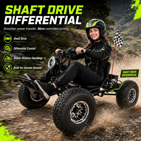 48V Electric All Terrain Go Kart With 20Ah Battery And 4000W Peak Brushless Motor Smooth Power Delivery Hitting 31 Mph Shaft Drive Backyard Beast Weekend Warrior Trail Ready Red with shaft drive differential.