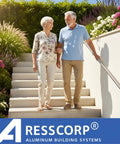 Killer 3 Feet Aluminum Handrail Kit For Indoor Stairs With Adjustable Steel Brackets And Rock Solid Connectors For No Sweat DIY Setup On Decks Or Ramps Featuring A Sleek Stainless Steel Look And High Grade Safety Grip, installed on outdoor steps with seniors.