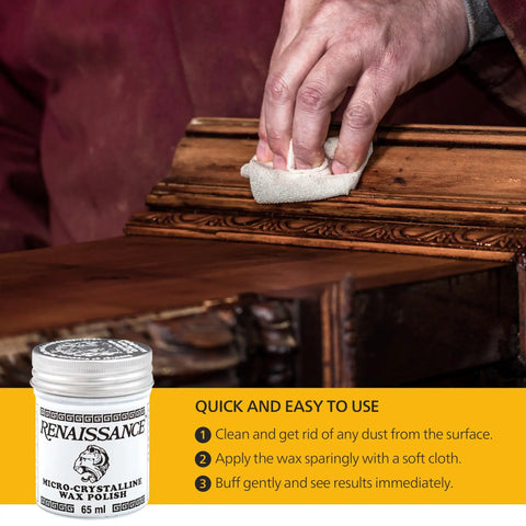 Person applying Micro Crystalline Wax Polish for Furniture, Wood, Leather and Metal on a wooden surface with a cloth.