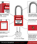 OSHA Compliant Lockout Tagout Kit With 25 Devices And Carrying Bag, red lock with "Danger Locked Out" label and two keys