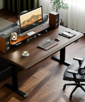 Rock Solid Electric Standing Desk Crafted From Genuine Solid Rubberwood Desktop With Quick Motorized Height Adjustment For Comfortable Home Office Computer Workstation, top view with monitor and speakers.