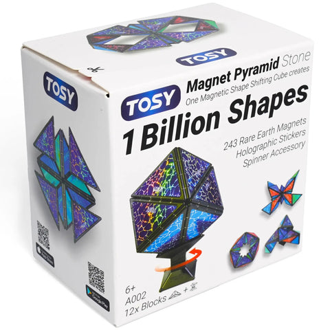 Box of Magnet Pyramid Transforming Puzzle Cube With 243 Magnets And Spinner Accessory including colorful shape images
