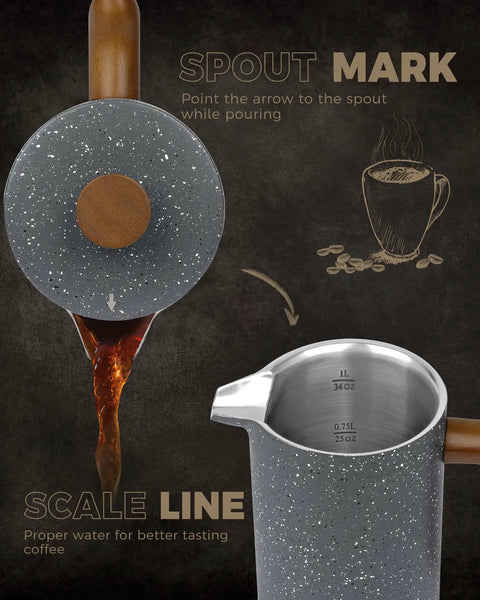French Press Coffee Maker 34 Oz Built Tough With Solid Wood Handle Double Wall Construction And Dual Bronze Filter spout and scale line detail
