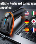 1D 2D QR Barcode Scanner Wireless And Wired With Battery Level Indicator And 2000mAh Battery Portable Handheld Barcode Reader With Stand Plug And Play Model D5100Z resting on a laptop keyboard