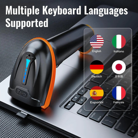 1D 2D QR Barcode Scanner Wireless And Wired With Battery Level Indicator And 2000mAh Battery Portable Handheld Barcode Reader With Stand Plug And Play Model D5100Z resting on a laptop keyboard