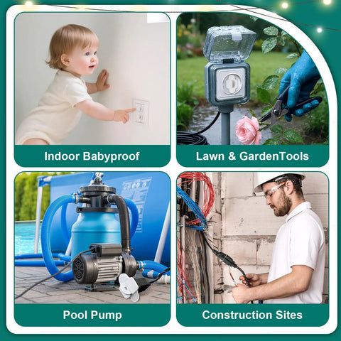 Collage showing uses for Weatherproof Gasket And Plug Cover Kit For Indoor Outdoor Outlets 20 Piece Set, including babyproofing and garden tools.