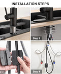Installation steps for Slick Matte Black Waterfall Kitchen Faucet With Pull Down Sprayer And Matching Soap Dispenser.