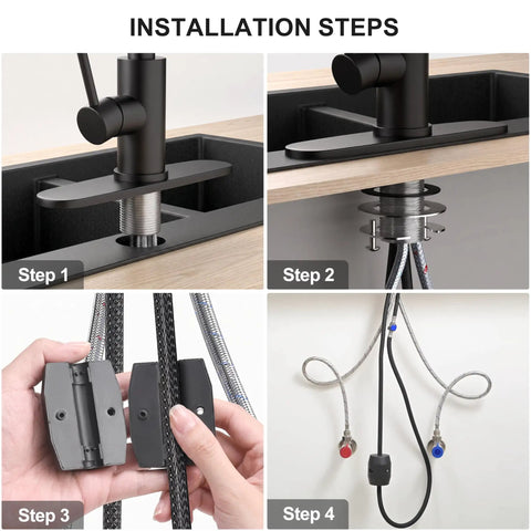 Installation steps for Slick Matte Black Waterfall Kitchen Faucet With Pull Down Sprayer And Matching Soap Dispenser.