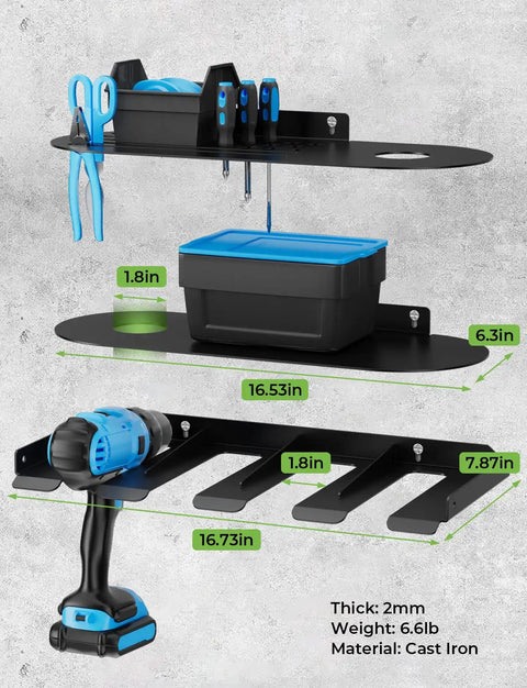 Power Tool Organizer Wall Mount 3 In 1 Cast Iron Shelf with Drill and Accessories for Garage