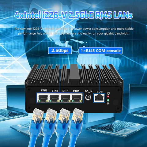Killer Firewall Mini Pc With Intel Celeron J6305 Processor And Four 2.5GbE Intel I226V Ports showcasing rear panel and LAN ports.